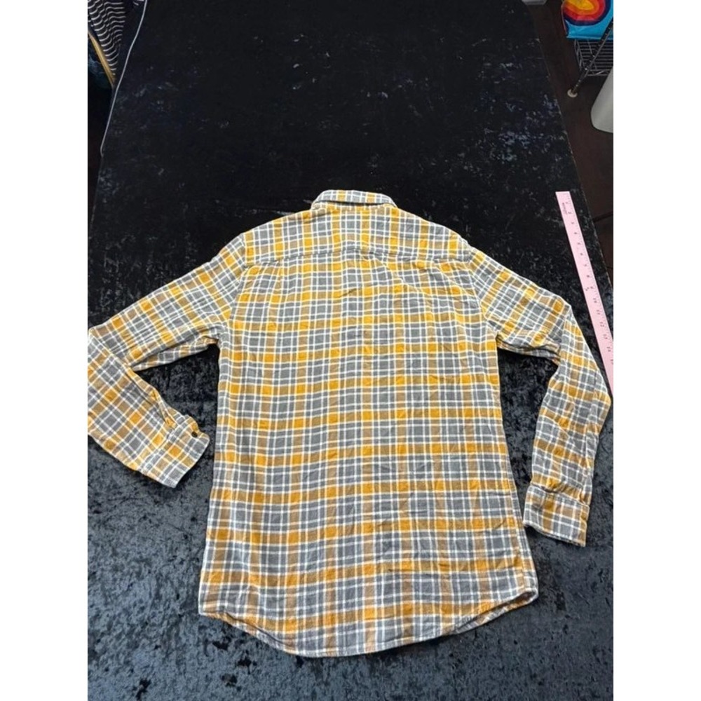 Hawker Rye Men's L Tall Slim Fit Stretch Flannel Shirt Gray Mustard Plaid - Picture 3 of 11